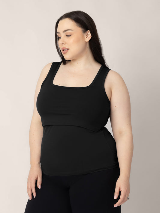 Model wearing the Everyday Essential Nursing Tank in Black @model_info:Rachel is wearing a Large.