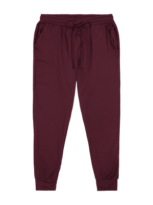 Deep burgundy jogger pants with a drawstring on a white background