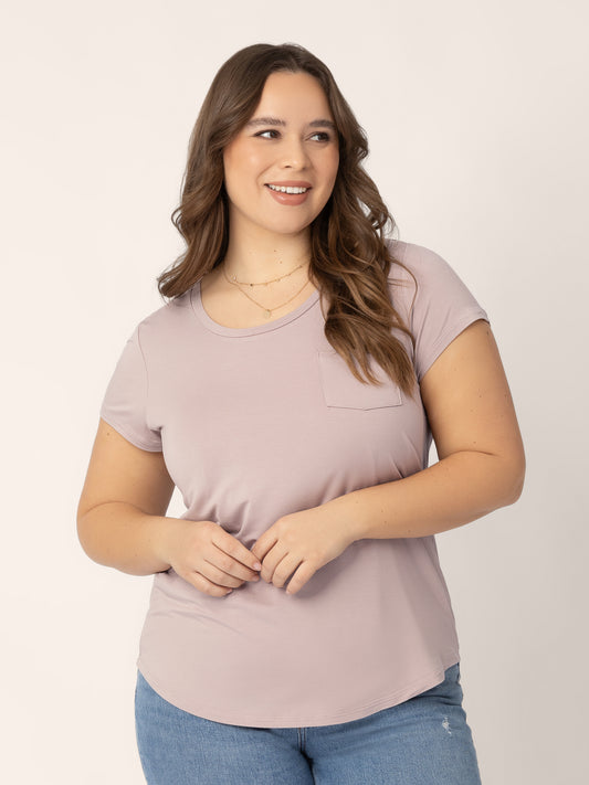 Front view of model wearing the Everyday Maternity & Nursing T-shirt in lilac stone @model_info:Venezia is wearing a Large.