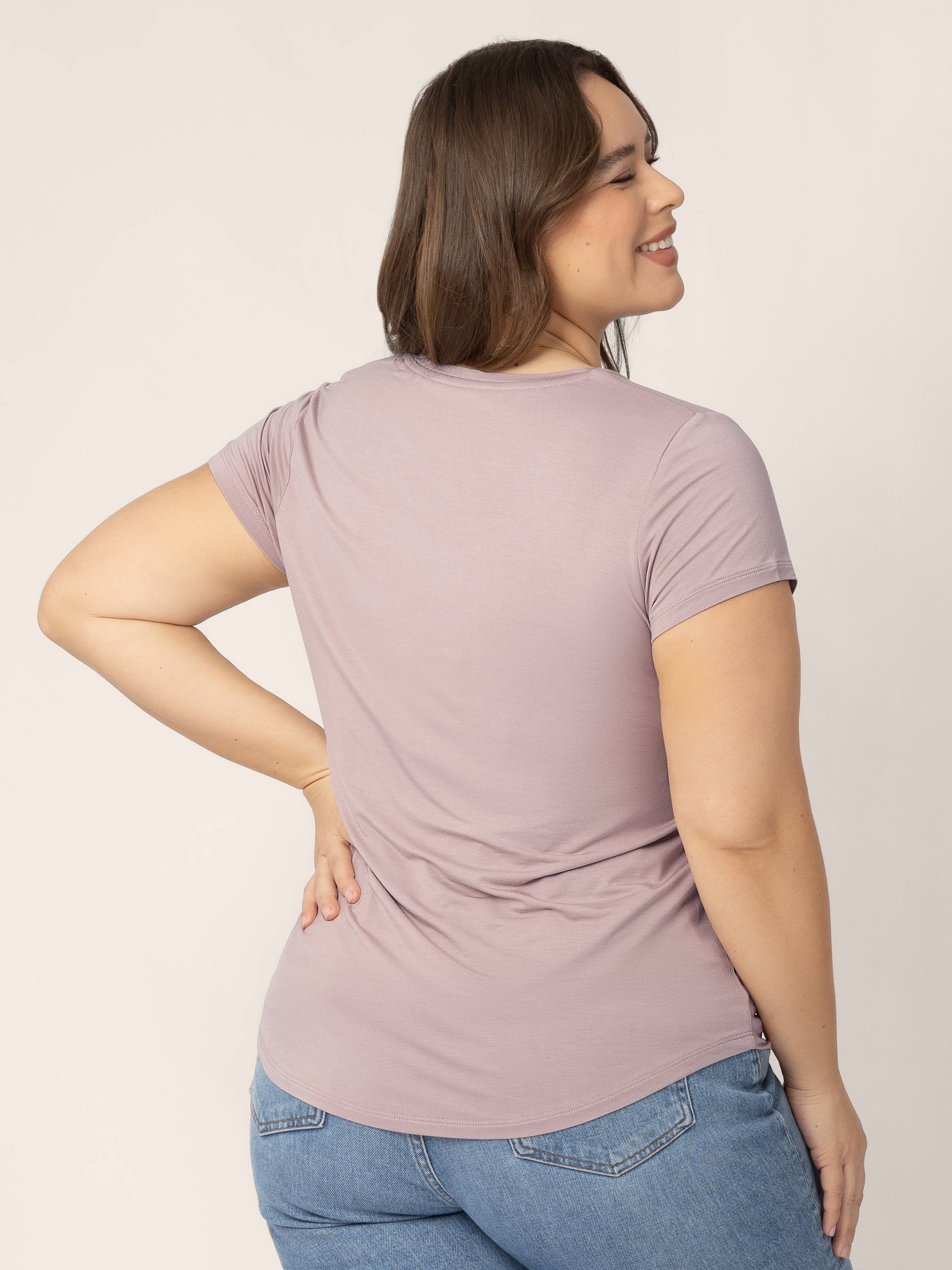 Back view of model wearing the Everyday Maternity & Nursing T-shirt in lilac stone