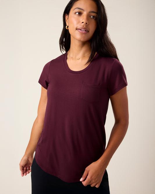 Woman wearing the Everyday Maternity & Nursing T-shirt in Deep Burgundy@model_info:Nemesis is wearing a Small.
