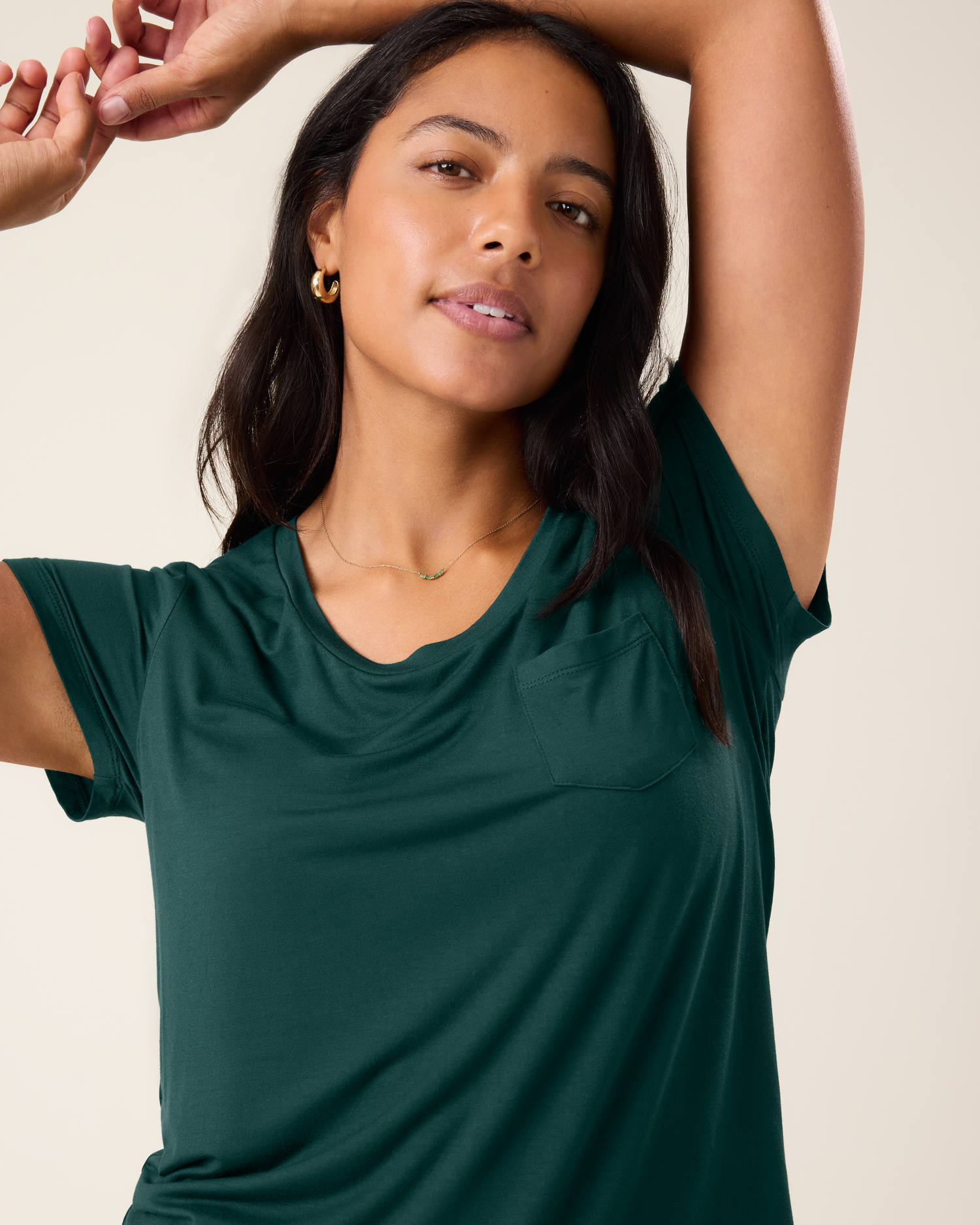 Woman wearing the Everyday Maternity & Nursing T-shirt in Evergreen