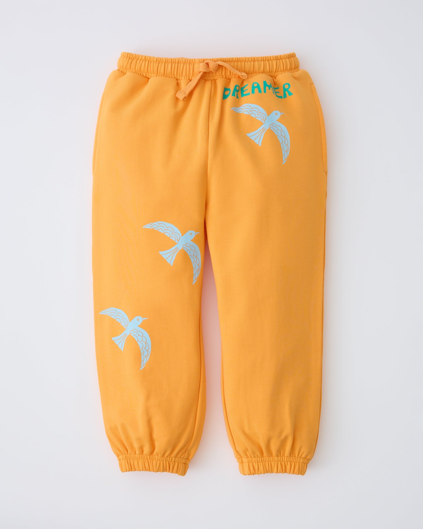 French Terry Jogger in Orange Bird on a gray background.
