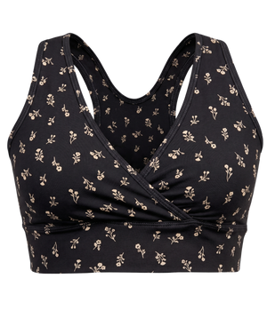French Terry Racerback Nursing & Sleep Bra in Black Wildflower on a white background.