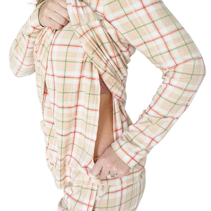 Model wearing the Fleece Nursing & Maternity Pajama Set in Plaid showing the pull up nursing panel.