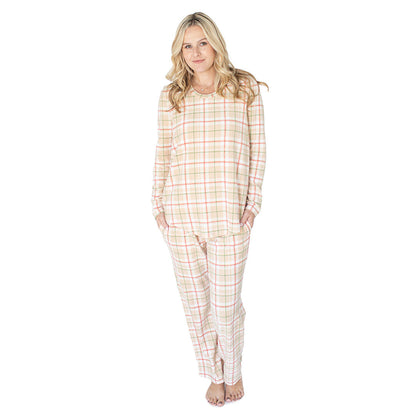 Full body view of a model wearing the Fleece Nursing & Maternity Pajama Set in Plaid.