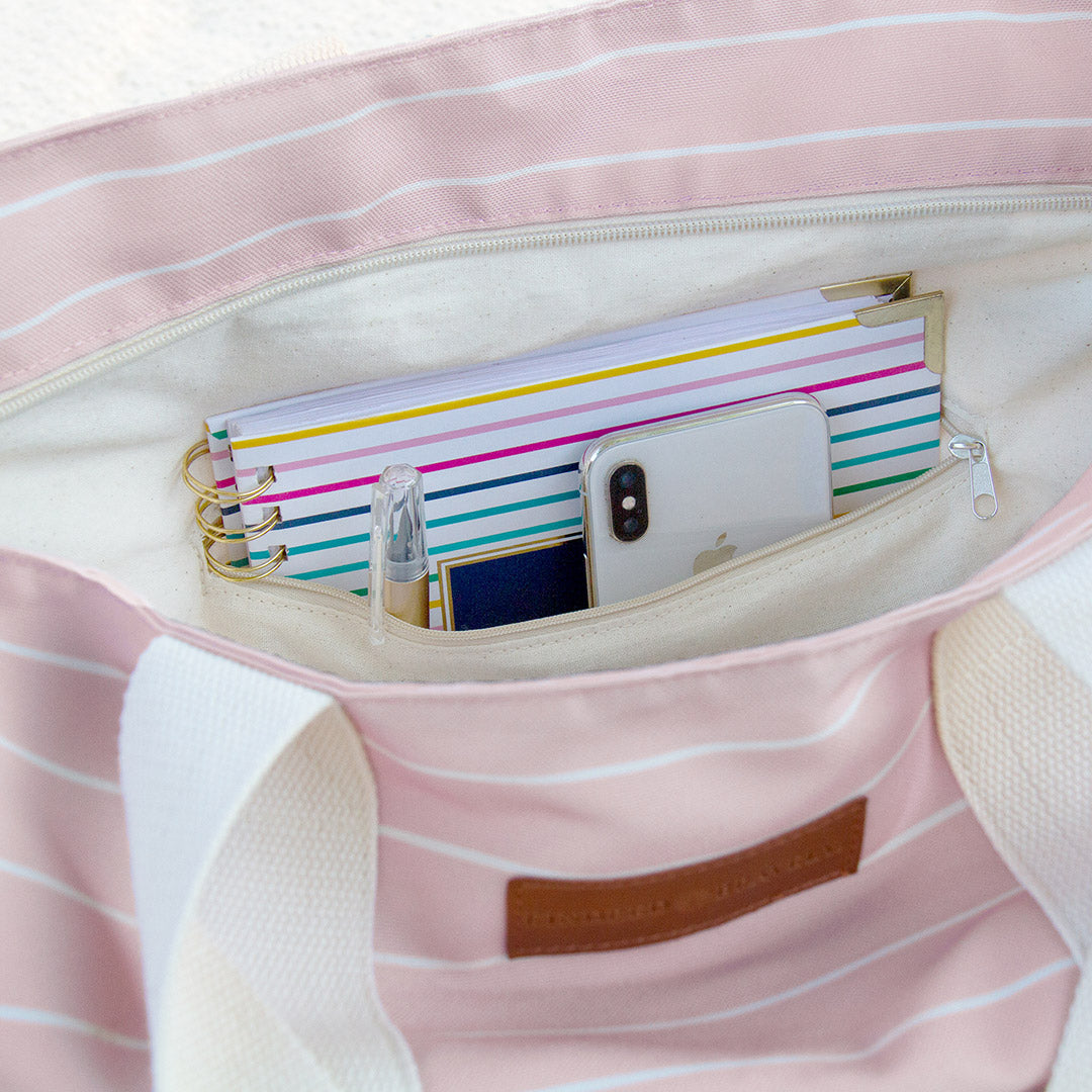 Accessories in the Florence Tote in Pink & White Stripe