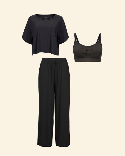 Fourth Trimester Set includes: Aria Bamboo Casual Cropped Short Sleeve Top, Aria Bamboo Casual Lounge Pant, and choose your bra: Sublime® Bamboo Hands-Free Pumping Lounge &amp; Sleep Bra or Simply Sublime® Nursing Bra, on a beige background.
