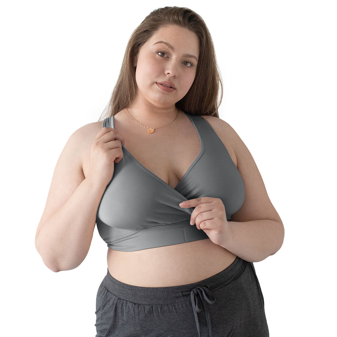 Model with her hand on the cup and the strap of the French Terry Racerback Nursing & Sleep Bra in Grey 