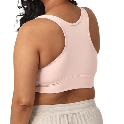 Back view of a model wearing the French Terry Racerback Nursing & Sleep Bra in Soft Pink