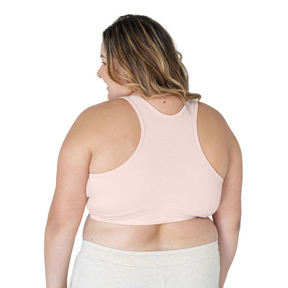 Back of a model wearing the French Terry Racerback Nursing & Sleep Bra in Soft Pink