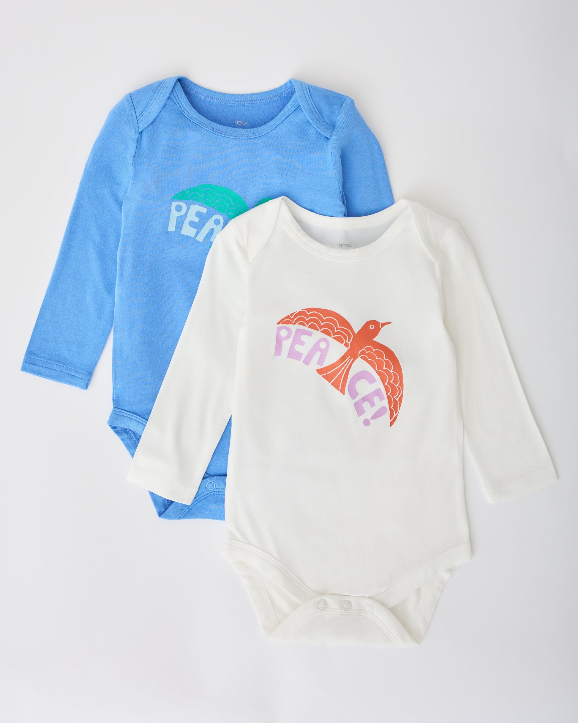 Blue and White Onesies in the Long Sleeve Bamboo Onesie Two-Pack in Bird on a white background.