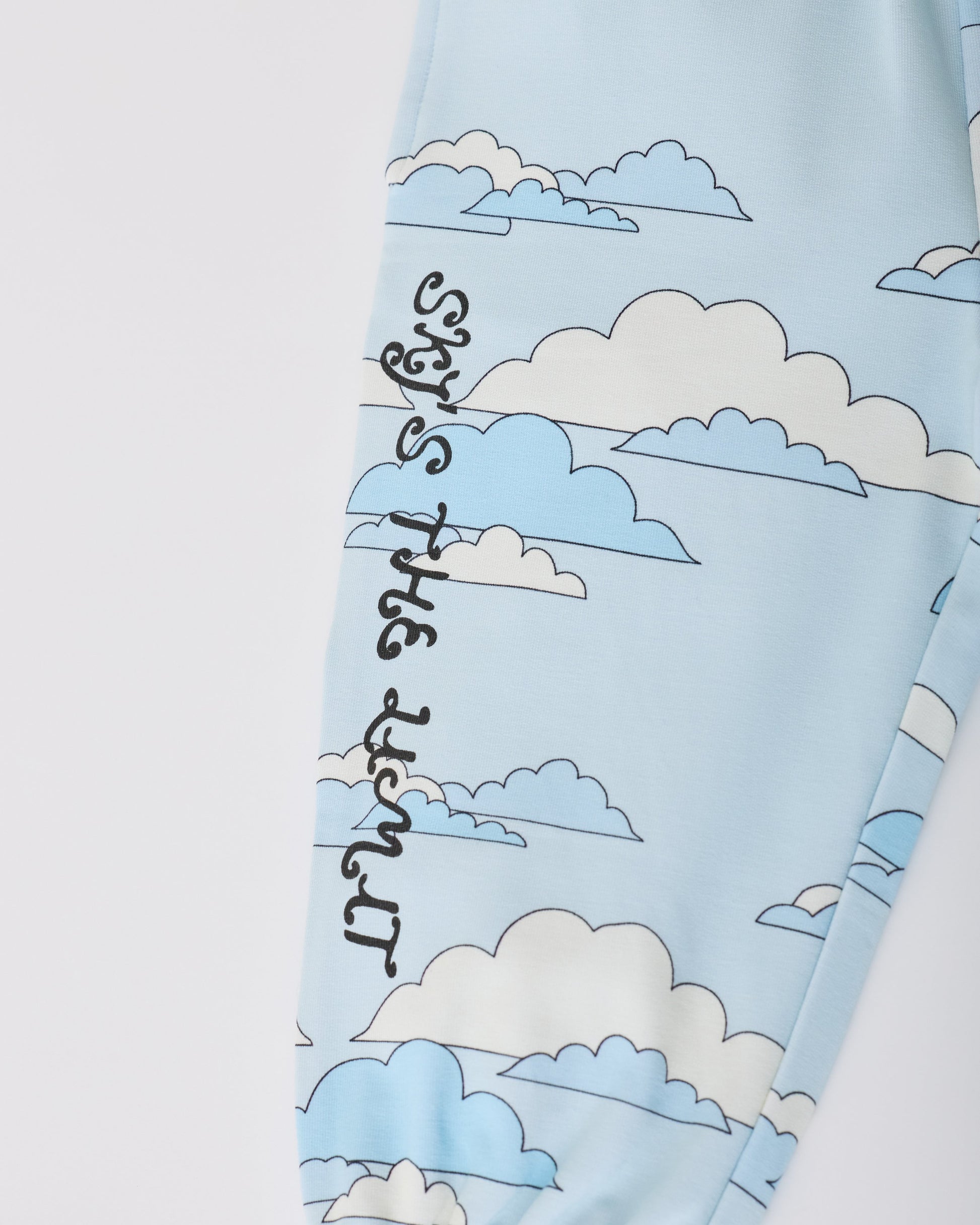 Close up of the French Terry Jogger in Blue Clouds on a gray background.