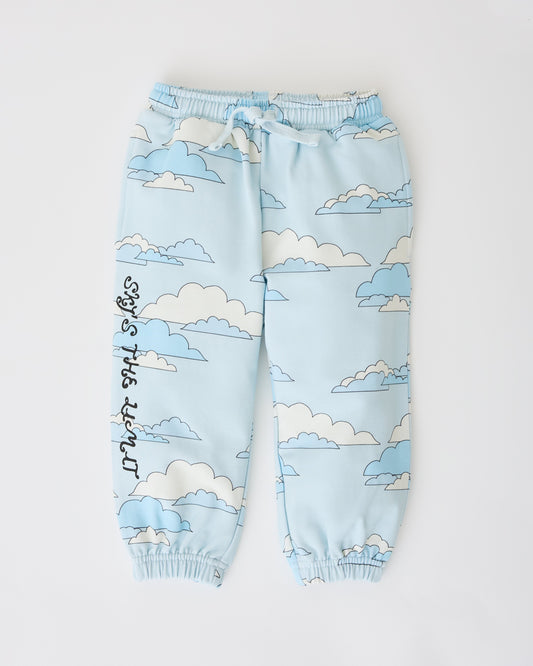 French Terry Jogger in Blue Clouds on a gray background.