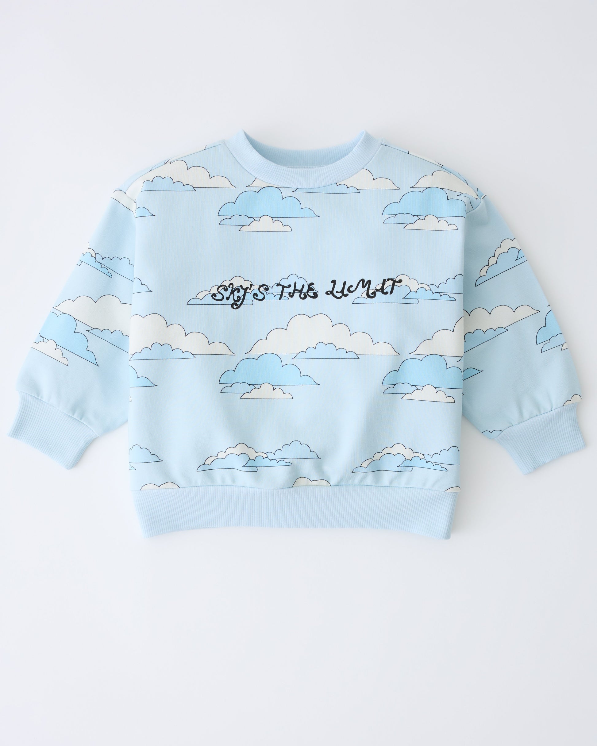 Graphic Sweatshirt in Blue Clouds on a gray background.