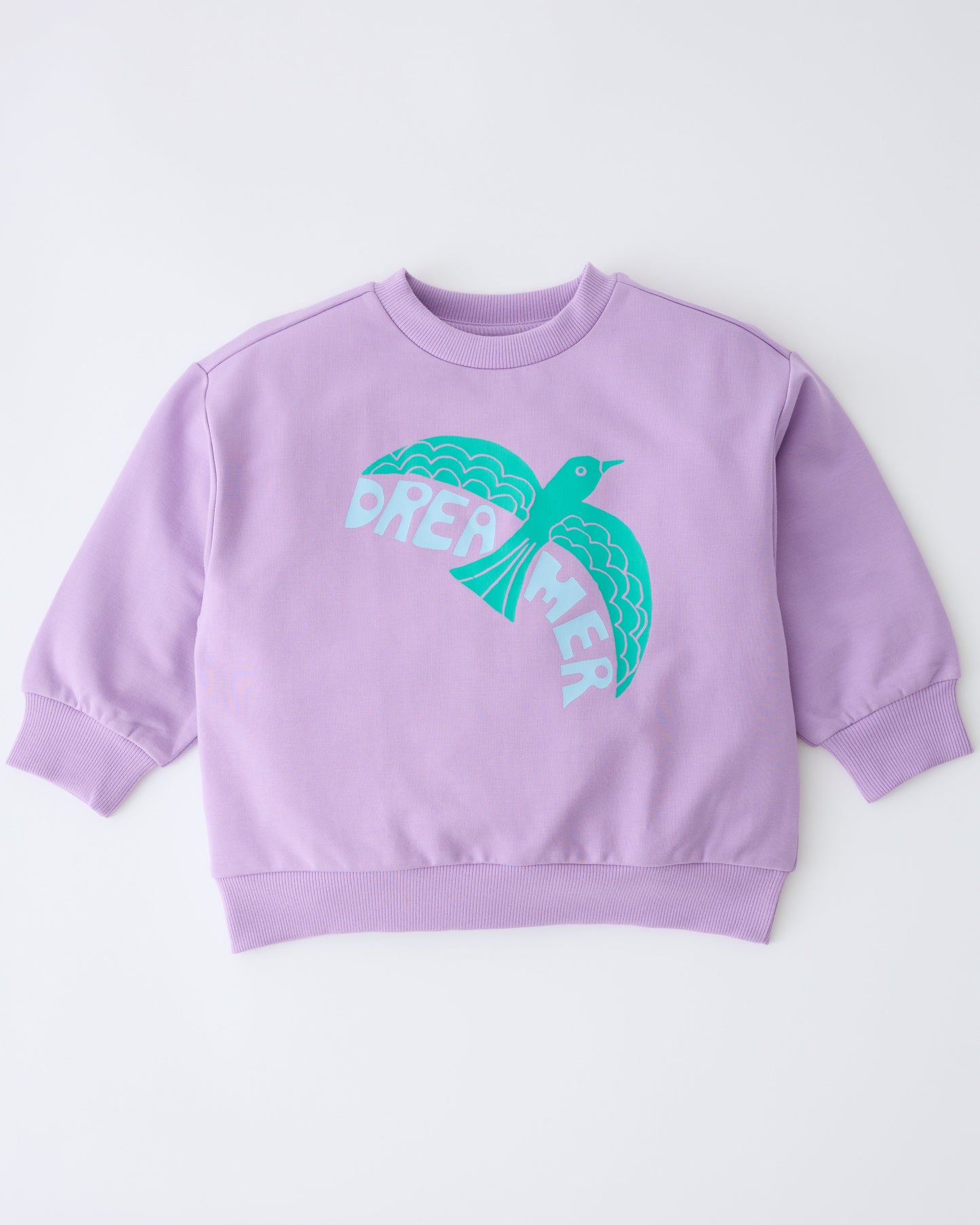 Graphic Sweatshirt in Purple Bird, on a gray background.