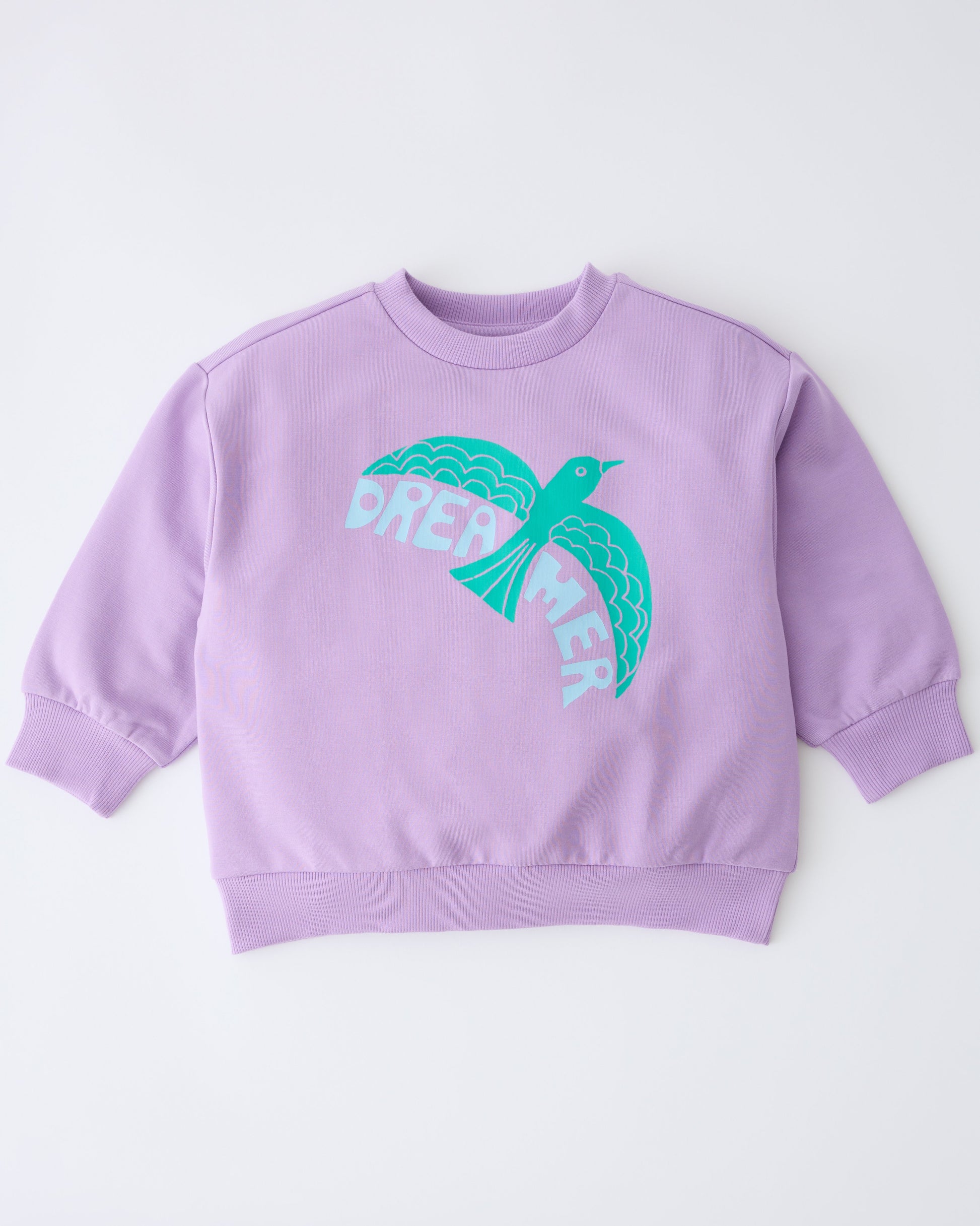 Graphic Sweatshirt in Purple Bird, on a gray background.