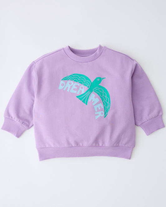 Graphic Sweatshirt in Purple Bird, on a gray background.