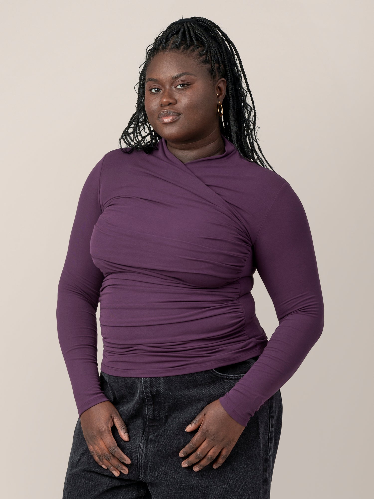 Front view of model wearing the Gianna Shirred Maternity & Nursing Top in Mulberry 
