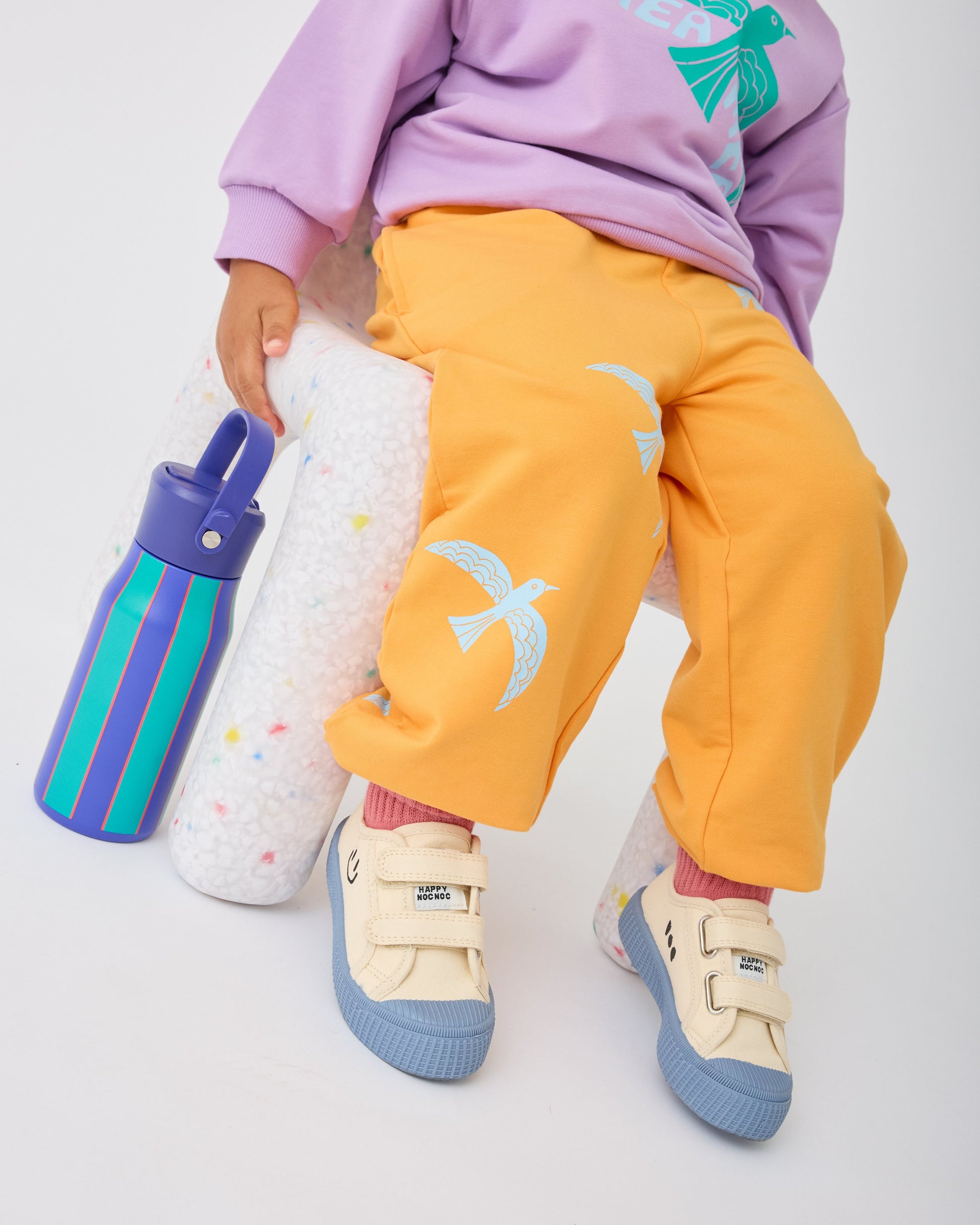 Model is wearing French Terry Jogger in Orange Bird and Graphic Sweatshirt in Purple Bird with Cool Kid Water Bottle in Blue & Rust Stripe on floor, on a gray background.@model_info:Waylon is 3 years old and wearing 3T.