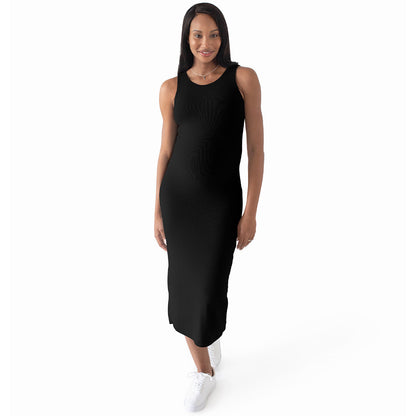 Gwen Ribbed Bamboo Maternity Midi Dress | Black-Bottoms & Dresses-Kindred Bravely