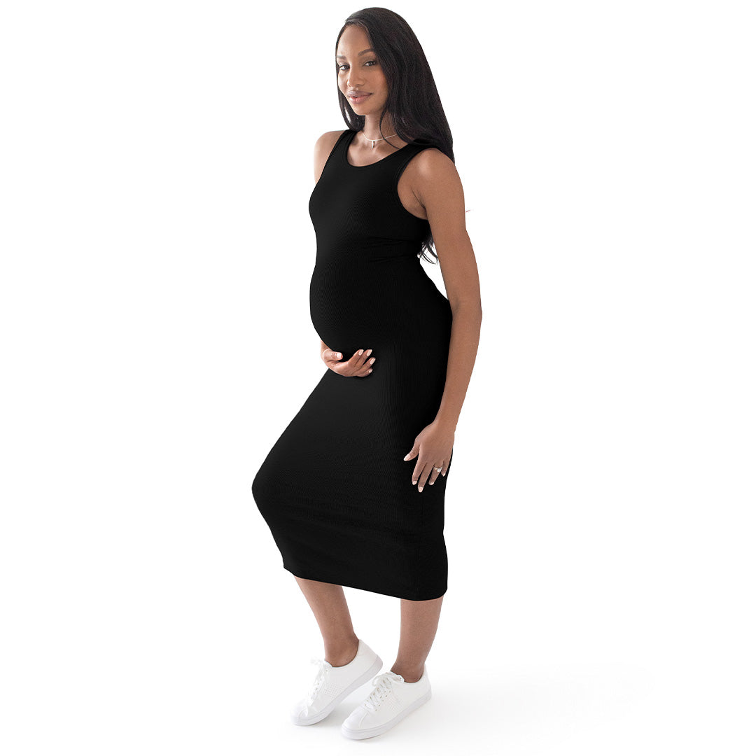 Gwen Ribbed Bamboo Maternity Midi Dress | Black-Bottoms & Dresses-Kindred Bravely