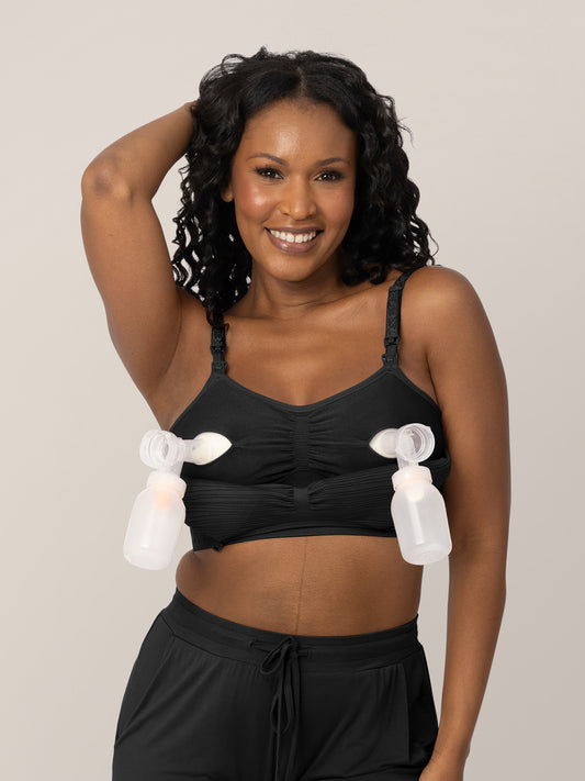 Model wearing the Sublime® Hands-Free Pumping & Nursing Bra in Black @model_info:Rashé is wearing a Large.