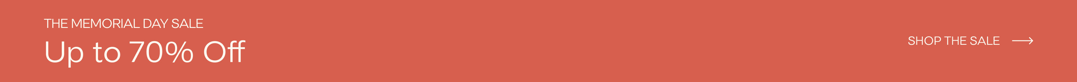 White letters on red background: The Memorial Day Sale- Up to- 70% Off. Shop the Sale