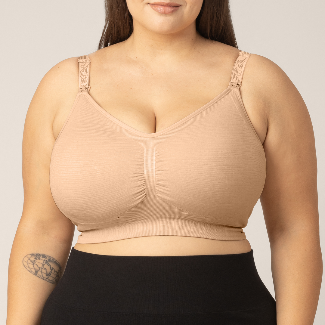 Zoomed in image of model wearing the Sublime Hands-Free Pumping & Nursing Bra in Beige. 