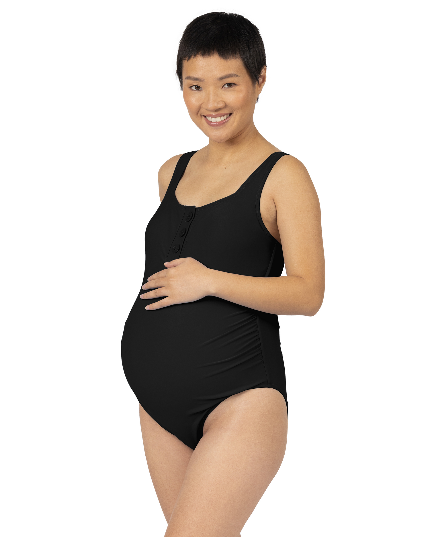 Model wearing the Henley Maternity One Piece Swimsuit in Black. @model_info:Lan is wearing a Small.