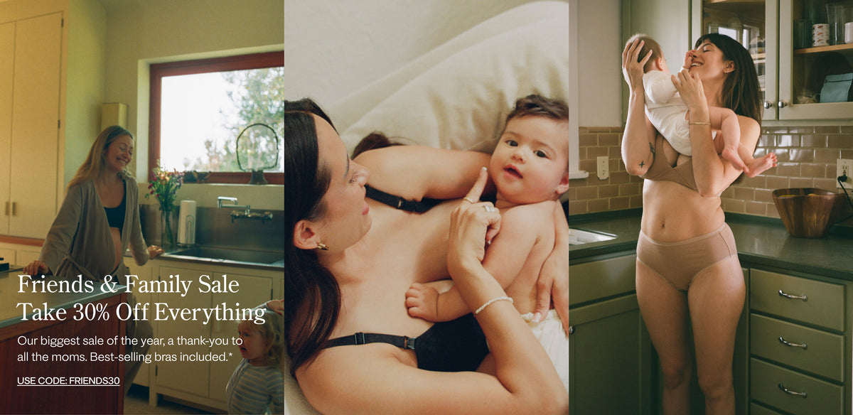 A three-panel lifestyle collage showing a woman in a kitchen with her toddler, a woman in a bedroom setting holding her baby, and a third woman in a kitchen while holding and playing with her baby.