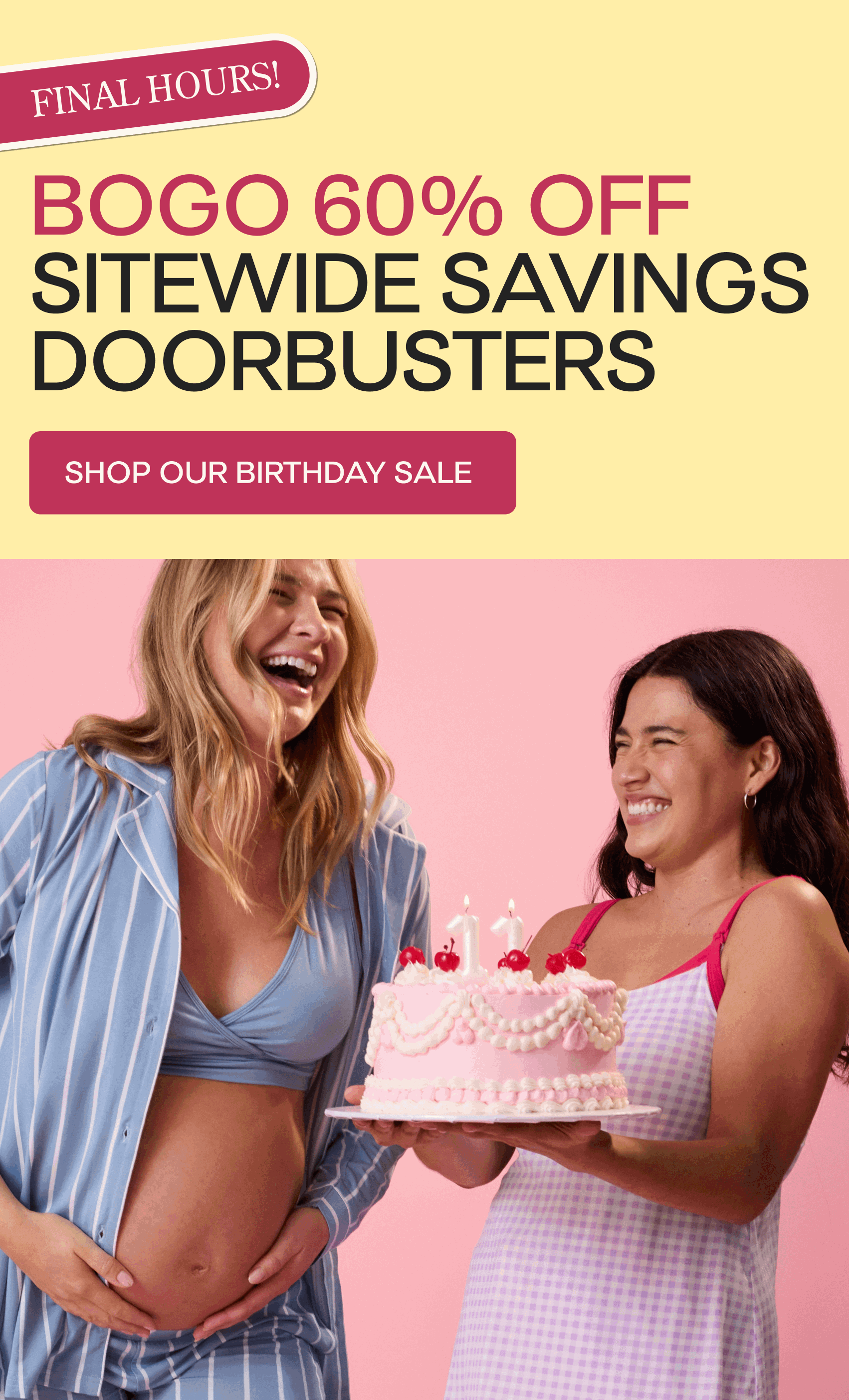 Promotional banner with a pregnant woman, another woman holding a cake, and text about birthday savings and discounts.