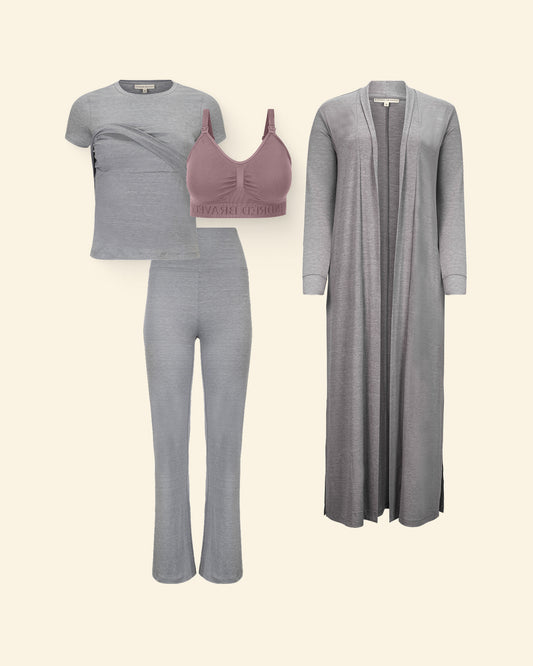 Set of gray loungewear with a Sublime Nursing Bra in Twilight on a light background