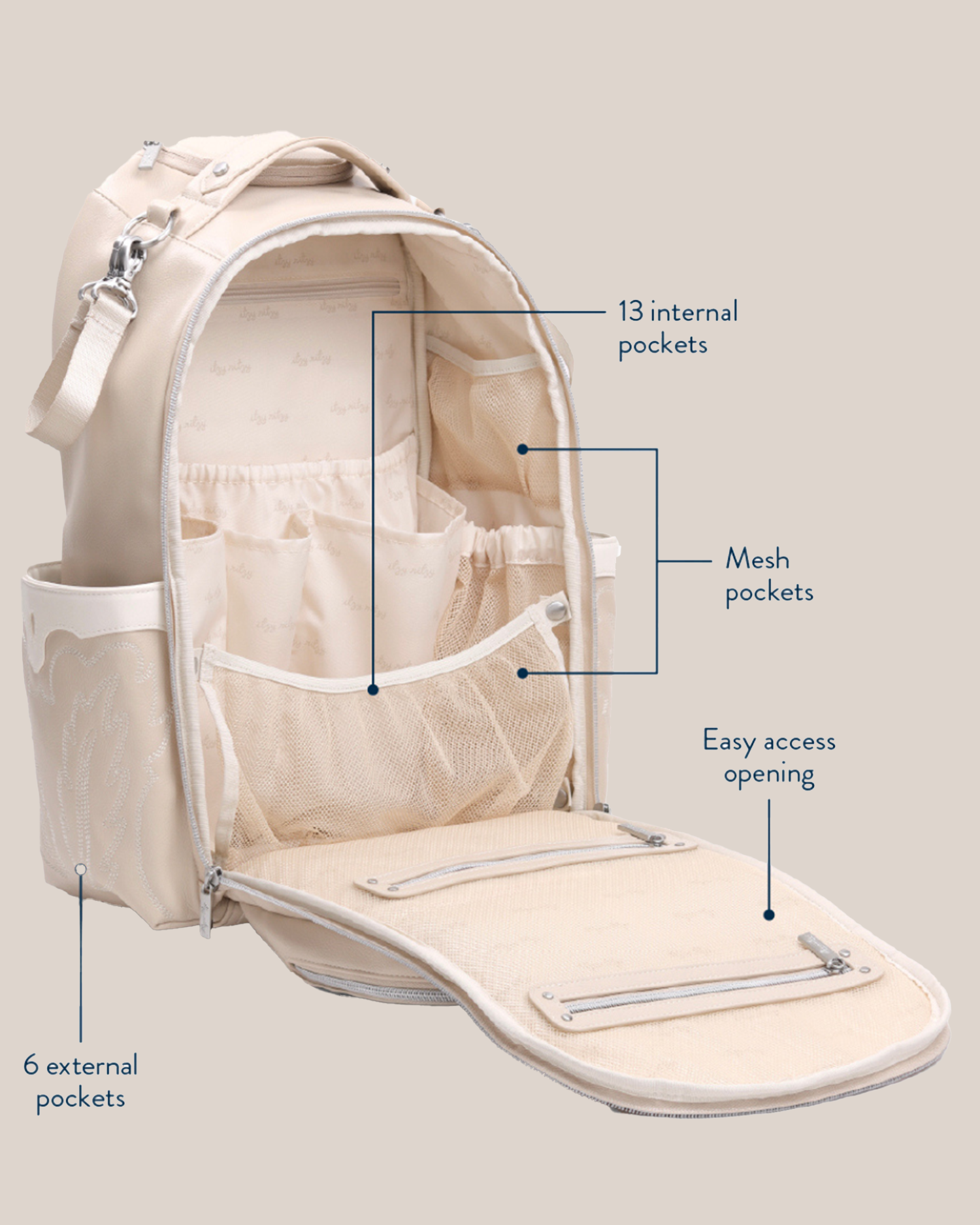 Open view of the Itzy Ritzy - Nash Boss Plus™ Diaper Bag in Oat, calling out details and features