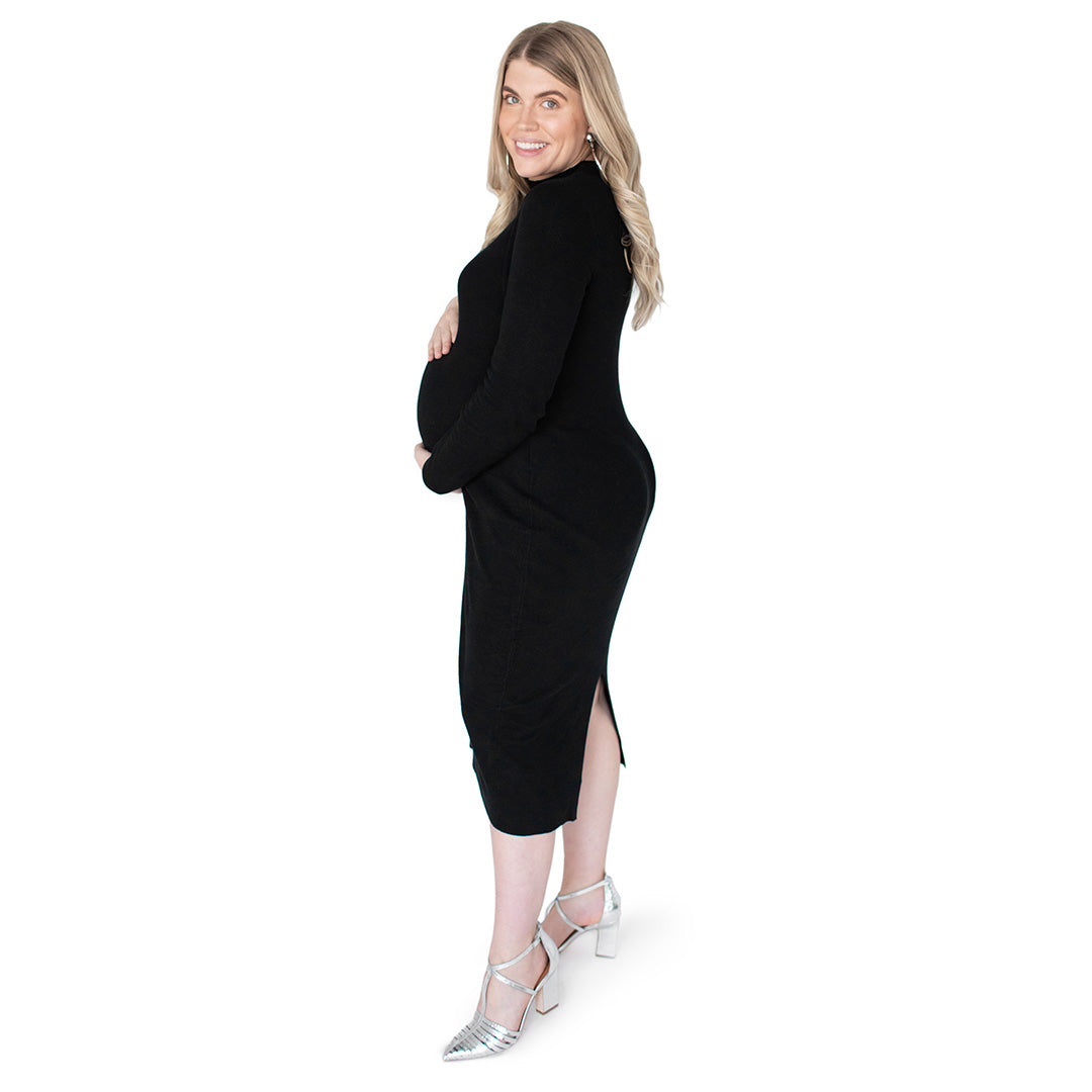 Jackie Knit Maternity Mock Neck Midi Dress | Black-Bottoms & Dresses-Kindred Bravely