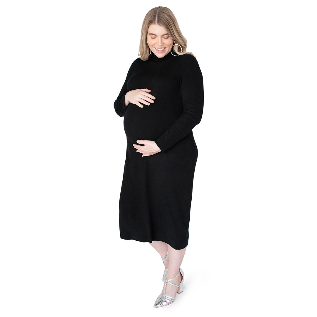 Jackie Knit Maternity Mock Neck Midi Dress | Black-Bottoms & Dresses-Kindred Bravely