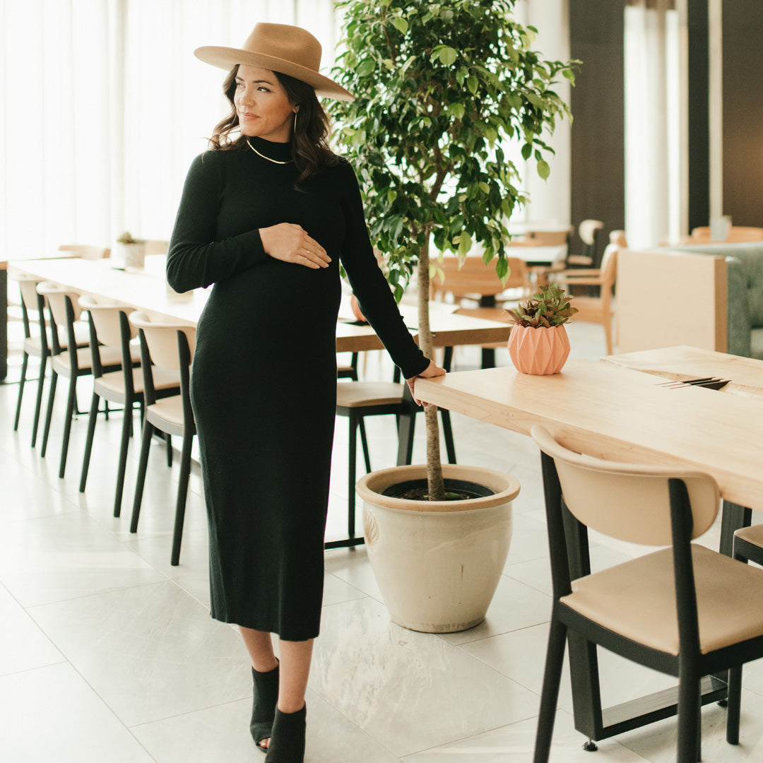 Jackie Knit Maternity Mock Neck Midi Dress | Black-Bottoms & Dresses-Kindred Bravely