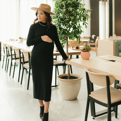 Jackie Knit Maternity Mock Neck Midi Dress | Black-Bottoms & Dresses-Kindred Bravely