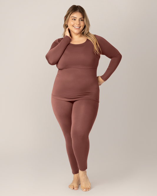 Front view of model wearing the Jane Nursing Pajama Set in Redwood. @model_info:Vanessa is 5'8" and wearing an X-Large.