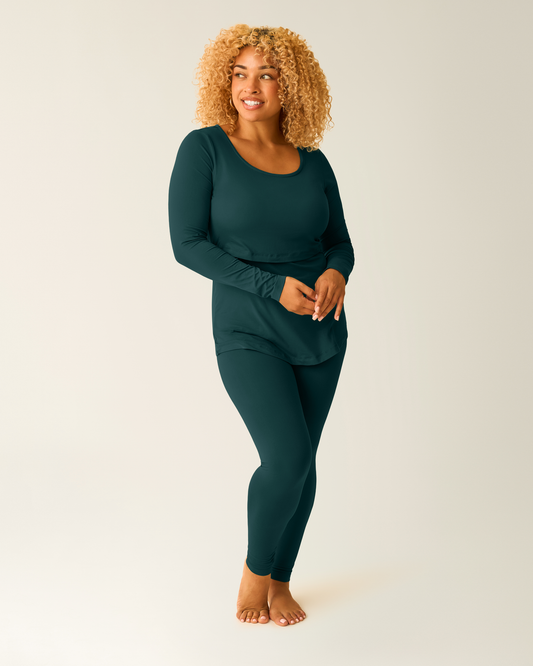 Woman wearing the Jane Nursing Pajama Set in Evergreen @model_info:Jade is 5'5" and wearing a Medium.