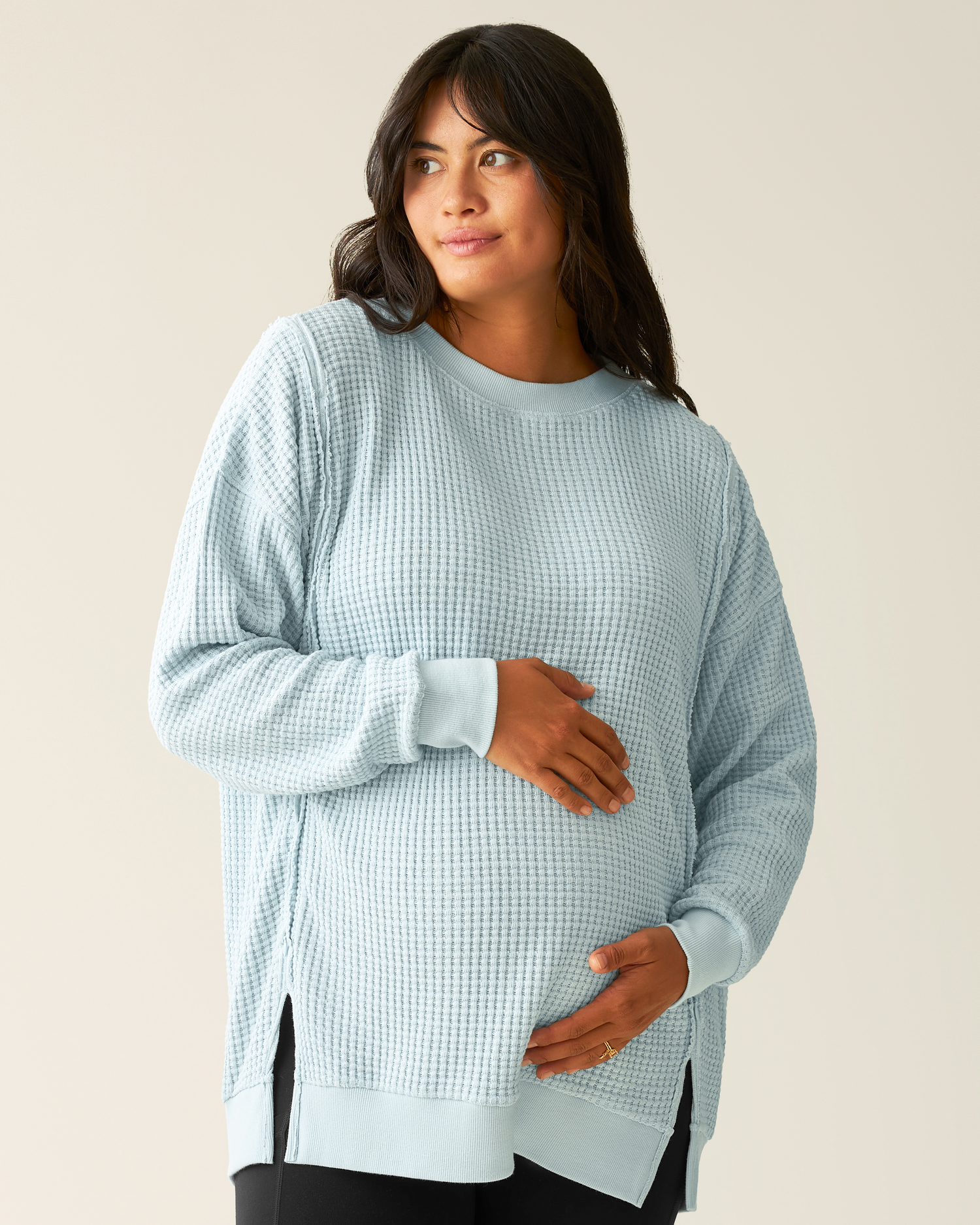 Front view of pregnant model wearing Joelle Thermal Maternity & Nursing Top in Powder Blue@model_info:Zoe is wearing a Medium.