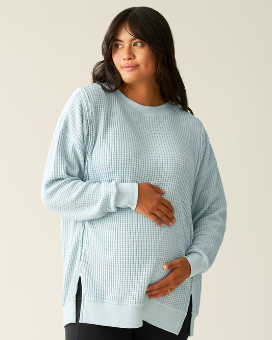 Front view of pregnant model wearing Joelle Thermal Maternity & Nursing Top in Powder Blue@model_info:Zoe is wearing a Medium.