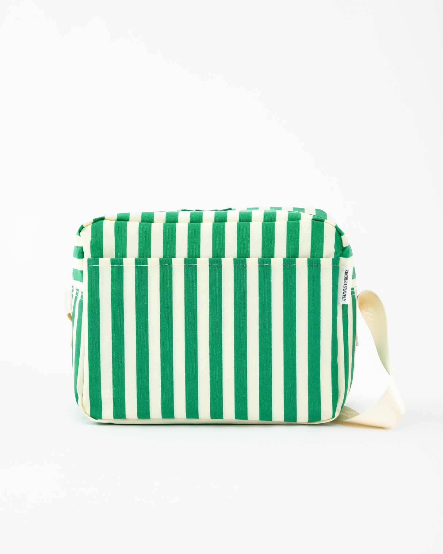 Back view of the Jumbo Cooler Bag in Green Stripe, on a beige background.