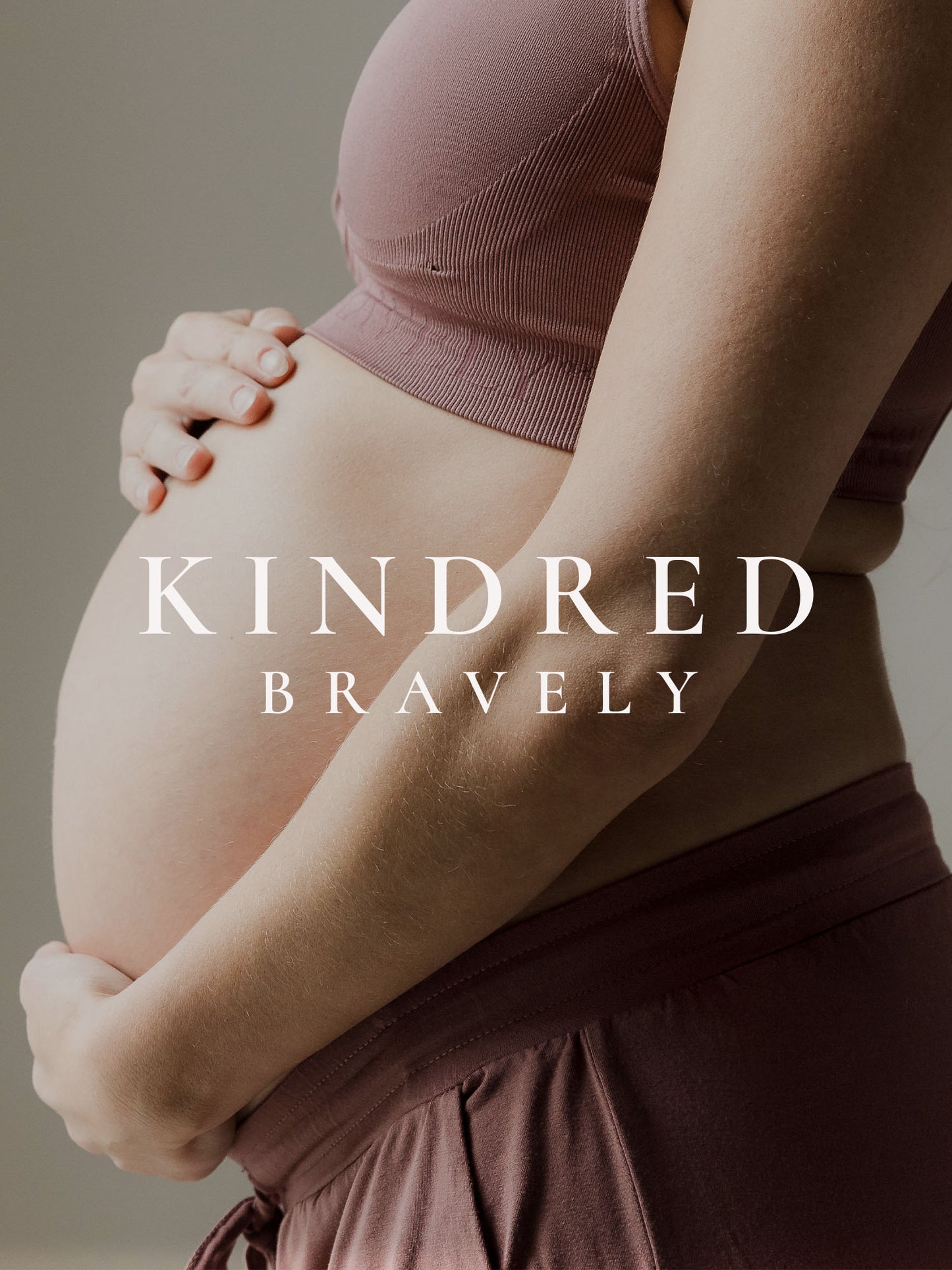Zoomed in profile image of pregnant model, with Kindred Bravely logo.