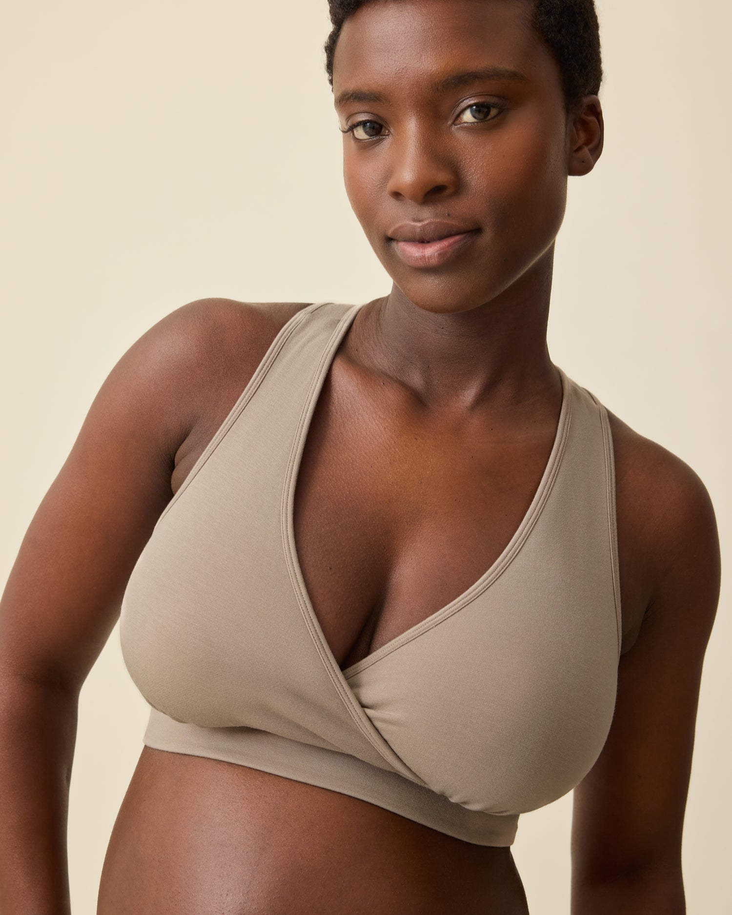 Model is wearing French Terry Racerback Nursing & Sleep Bra in Sandstone @model_info:Anna is wearing a Busty Small.
