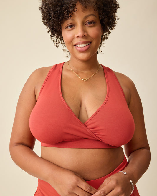 Model is wearing French Terry Racerback Nursing & Sleep Bra in Spice on a beige background @model_info:Skye is wearing a Busty XL.