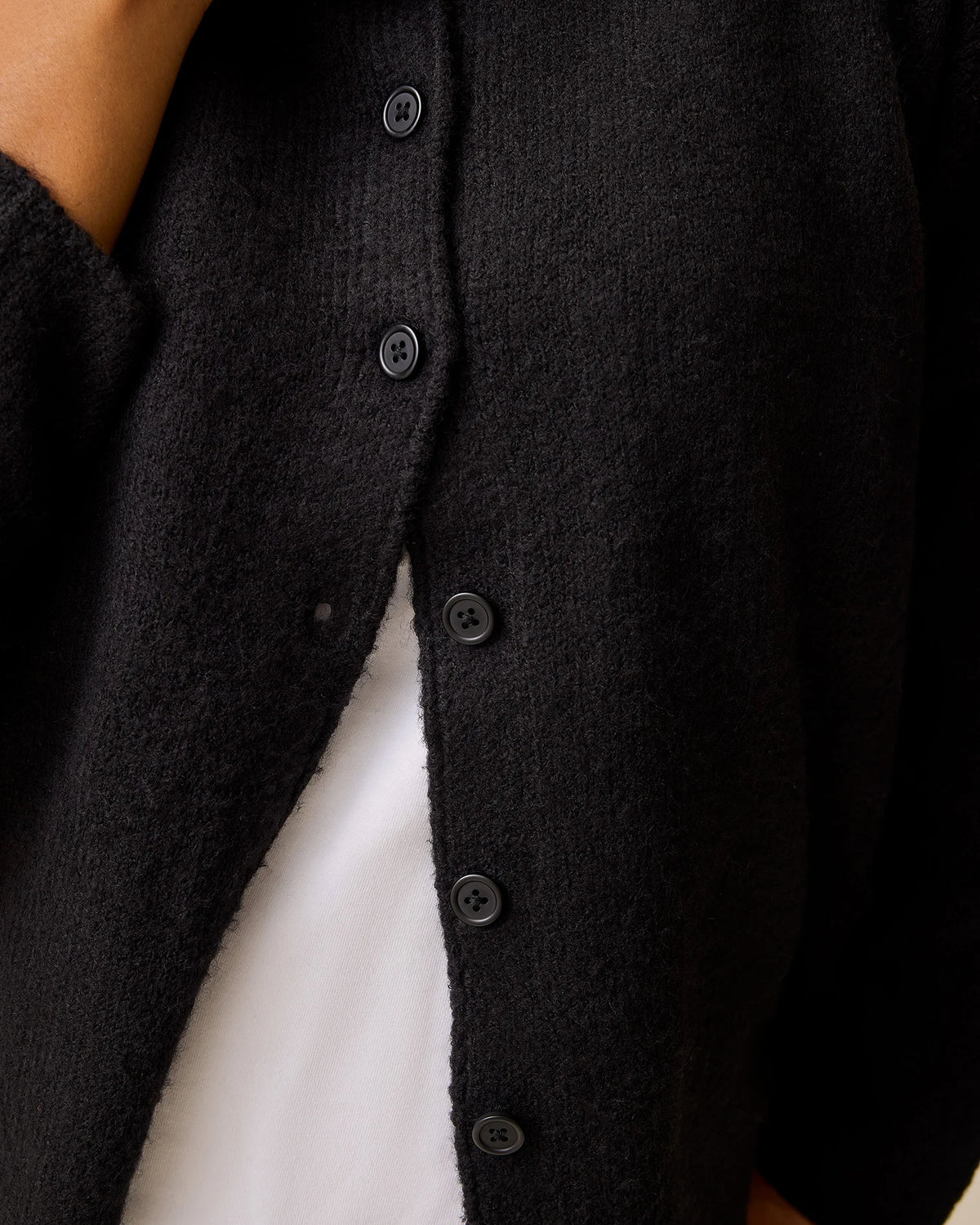 Close up of the buttons of Ultra Soft Maternity & Postpartum Cardigan in Black.