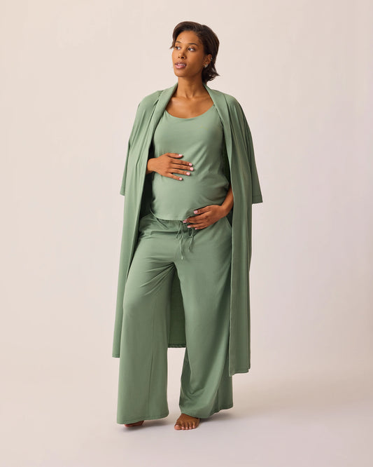 Model is wearing Maternity & Nursing Three-Piece Pajama Set in Sage on a beige background.@model_info:Ale is 5'9" and wearing a Medium.