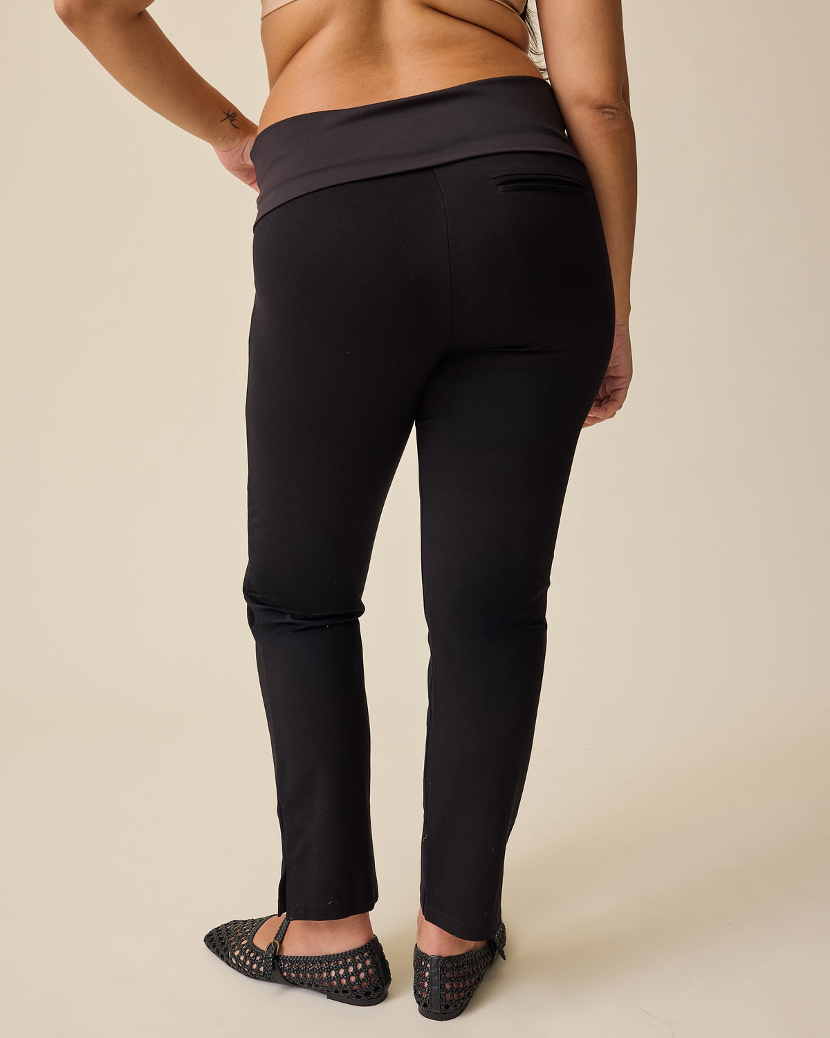 Back view of pregnant model wearing Maternity Ponte Straight Leg Pant in Black 