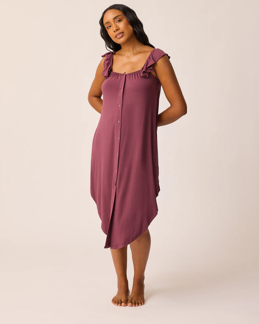 Woman wearing the Ruffle Labor & Delivery Gown in burgundy plum@model_info:Aysia is 5'8" and wearing an XS/S.